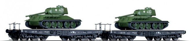 Set of 2 Heavy duty Flat cars loaded with T 34/85 tanks<br /><a href='images/pictures/Tillig/217376_c.jpg' target='_blank'>Full size image</a>